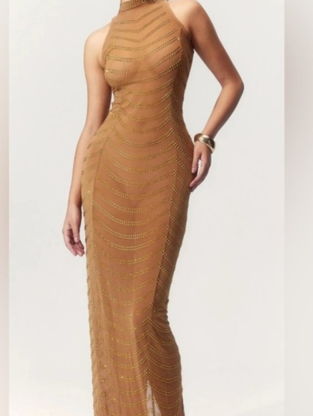 Gold Sequin Sheer Metallic Beaded Maxi Dress